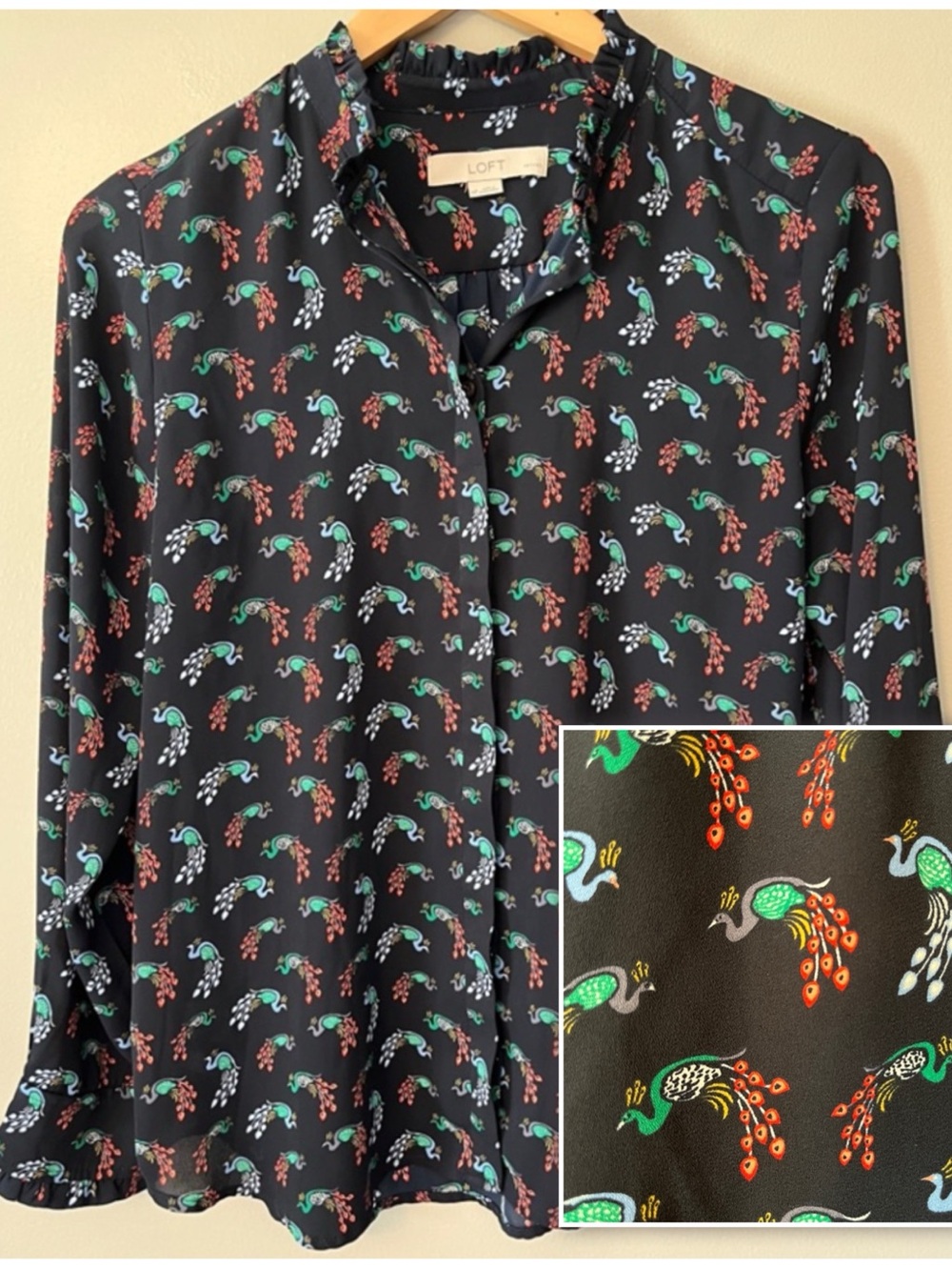 Loft‎ Peacock Ruffle Utility Blouse Blue